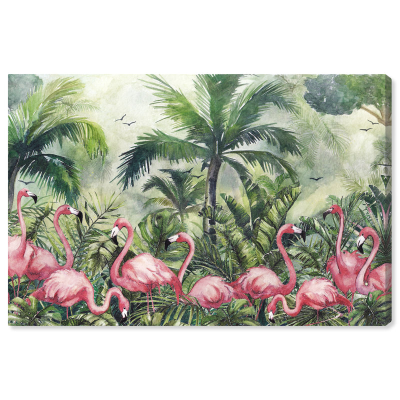 Souvenirs de poupées - Tropiques flamants - peinture, H 30 po x l 45 po, Toile tendue