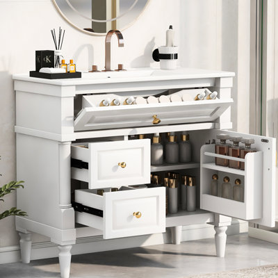 Meuble-lavabo de 91 cm (36 pouces) avec lavabo, construction en bois d'hévéa, tiroirs à ouverture et fermeture fluides, grande capacité de charge, peint en blanc pour salles de bains modernes, meuble sur pied de 91 cm (36 pouces) en céramique, agencement intelligent.