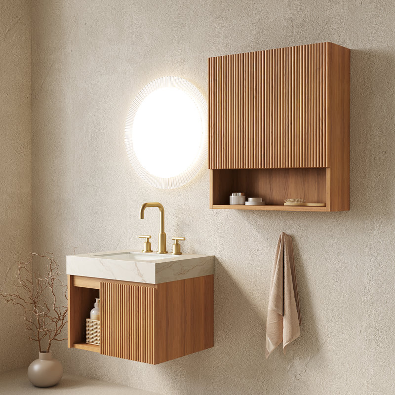 Ensemble de meuble-lavabo mural EIDEN 24 + TOBI 26, meuble-lavabo mural flottant pour salle de bain, plateau en pierre frittée crème or, cuve en céramique, 3 trous de robinet pré-percés, robinet et drain exclus, couleur grain de bois naturel