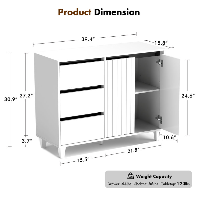 Buffet avec tablette réglable et 3 tiroirs, armoire de style moderne, Blanc