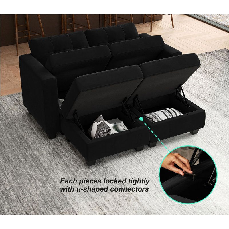 Soneson Modern Velvet Sectional Sofa Bed Loveseat with Tufted Cushions and Storage Apartment Sofa, Black Velvet