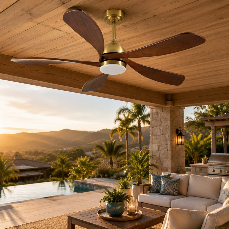 Ventilateur de plafond moderne 52 pouces à 5 pales avec lumière et télécommande, Gold
