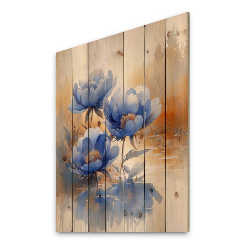 Bleuet bleu pivoines au bord de la rivière II - pivoines, art mural sur bois de pin naturel, H 32 po x l 24 po x P 0,78 po