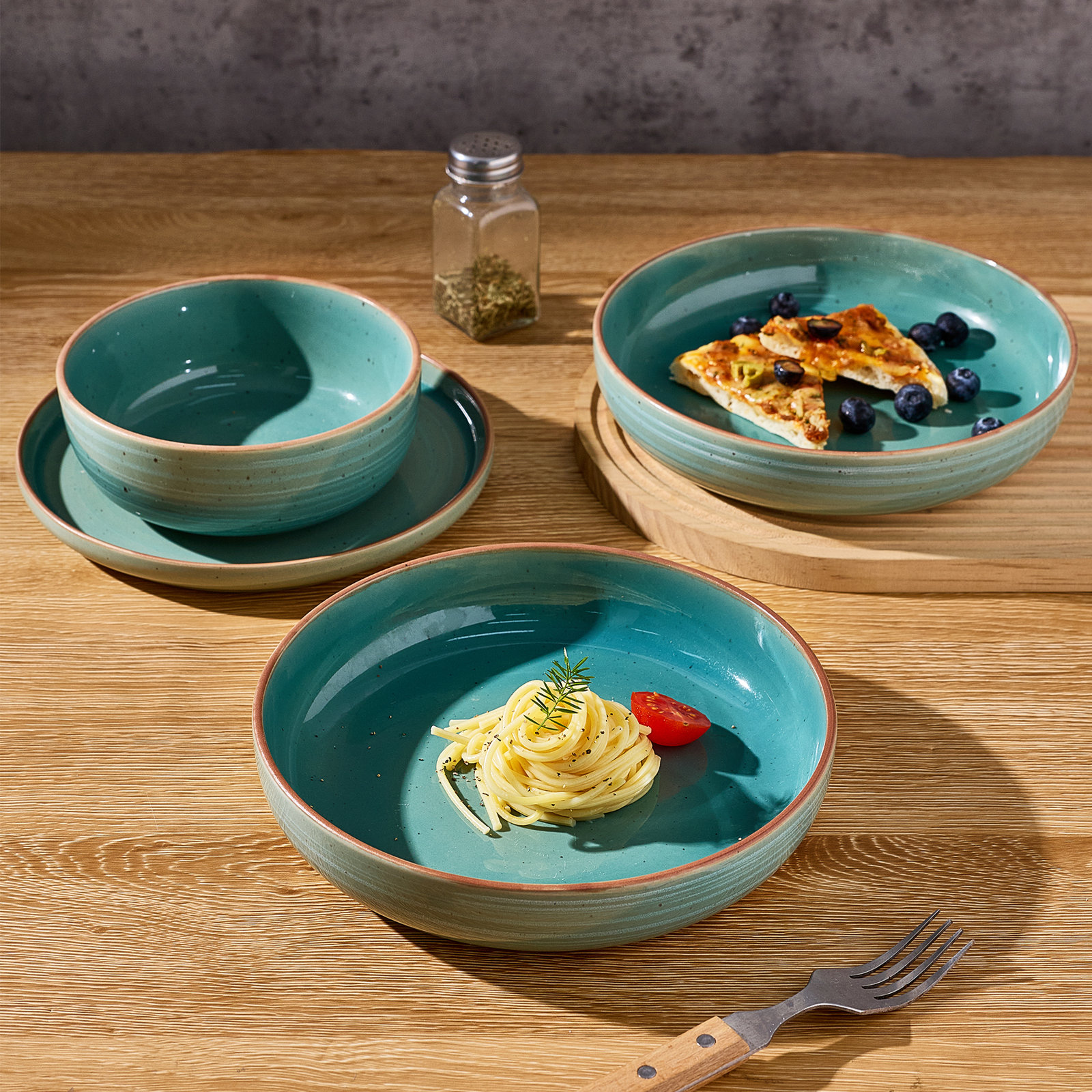 8.5" W Striped Round Pasta Bowls, Bluish Green