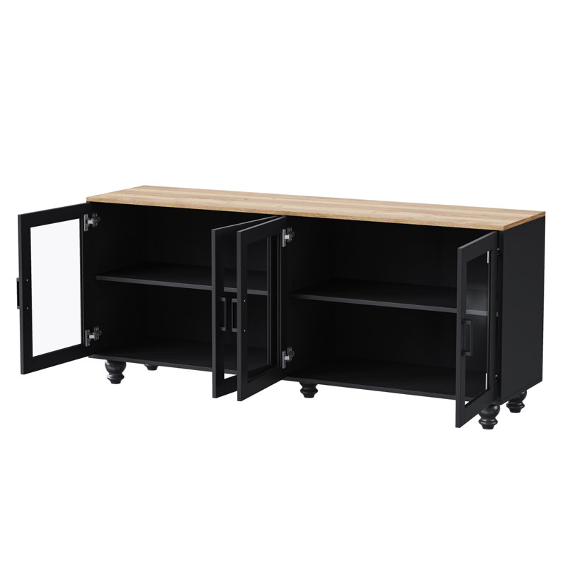 Sideboard With Adjustable Shelves, Buffet Cabinet With 5 Solid Wood Gourd-Shaped Legs For Living Room, Black
