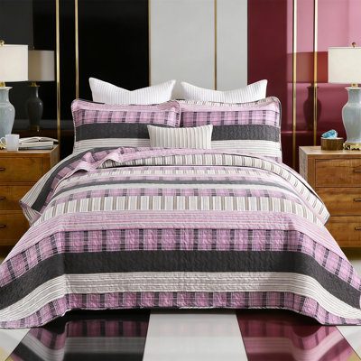 King Cotton Plaid Reversible Quilt Set - Pink, Farmhouse, Lightweight, All Season