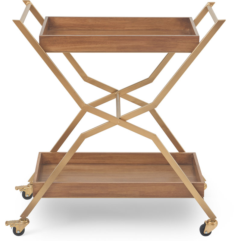Gold and Walnut Wood 2-Tier Rolling Bar Cart with Storage