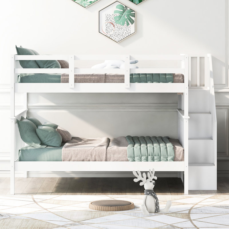 Lit superposé d'escalier pour chambre à coucher et dortoir, finition blanche, construction solide, garde-corps, quatre compartiments, lit avec entrée facile à ranger, rangement spacieux, pieds en pin, ensemble de lattes