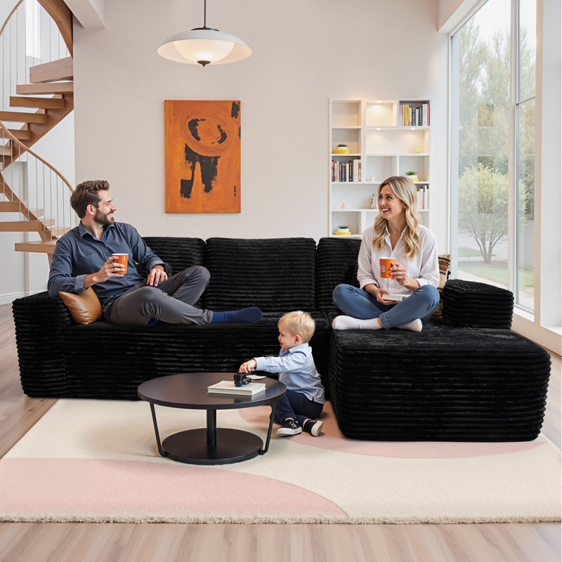 Canapé modulaire rembourré Boneless, Velours côtelé noir moelleux, Orienté à droite