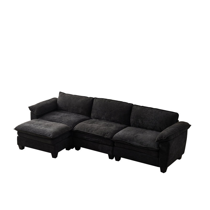 Canapé modulaire 3 places avec repose-pieds en chenille noir, 35.43" H x 90.17" W x 71.12" D, Noir