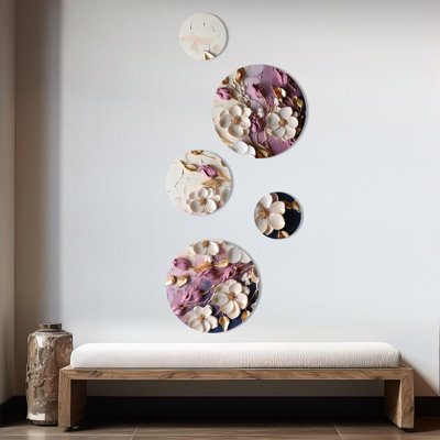 Fleurs de pavot blanches et mauves - ensemble d'art mural abstrait floral rond de 5