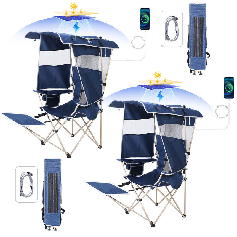 Outdoor Camping Chair with Canopy & 30W Solar Panel, Portable Camping, Beach & Sports Chair with Removable Footrest (Blue 2-Pack)