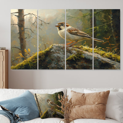 Oiseau moineau sur un rocher de forêt II - décoration murale oiseau - art mural moderne
