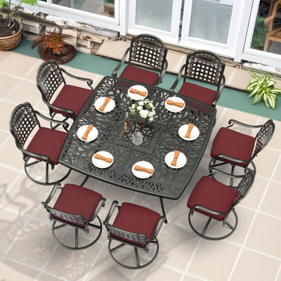 9-Piece Outdoor Patio Dining Set For 8, All Weather Cast Aluminum Patio Funiture Table And Chairs Set- Large 64" Square Table And Swivel Rocker Chairs For Garden