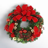 Holiday Wreath with Red and Gold Ornaments, Berries, Pinecones and Ribbon
