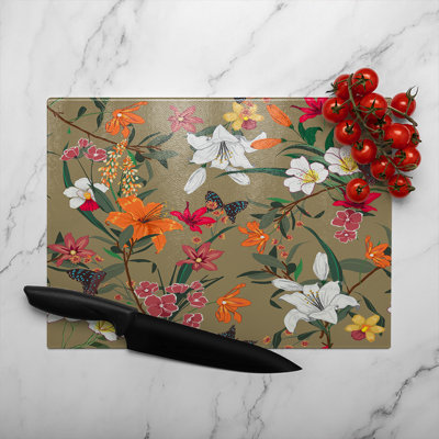 Selection Of Flowers Glass Chopping Board