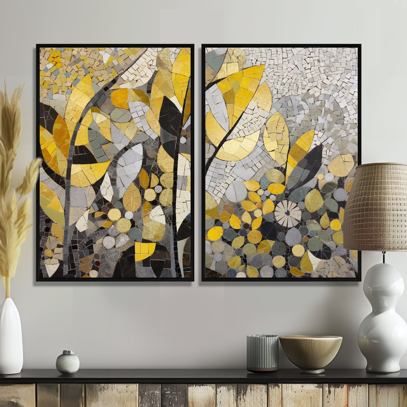 Motifs jaunes et gris en fusion artistique - art mural jaune, H 36 po x l 48 po, Impression encadrée flottante, Noir