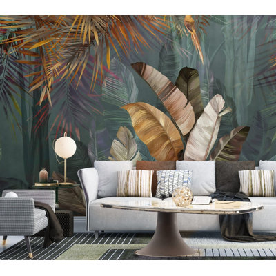 Murale feuille de bananier vert foncé foncé | Papier peint Moody Jungle Plants | Non-tissé ou pelez et collez