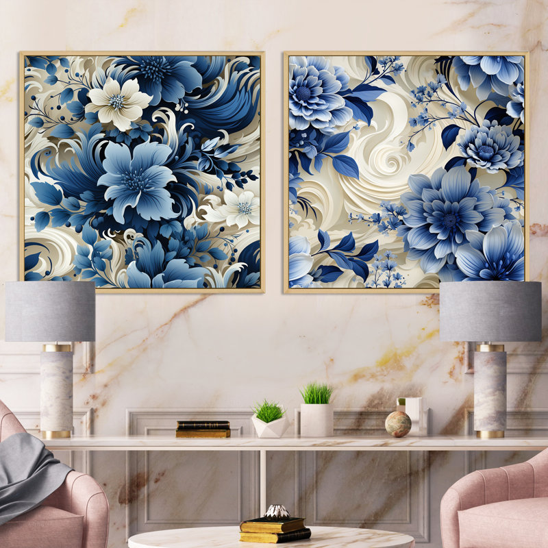 Romantiques tourbillons bleu cobalt victorien à motif III, Cadre flottant brun, H 30 po x l 61 po