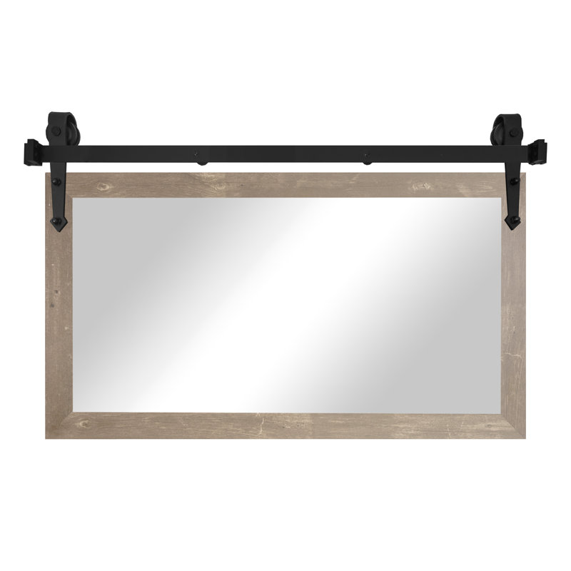 Miroir rustique moderne avec rail de porte de grange en acier, Laiton acier, 33 po x 62 po