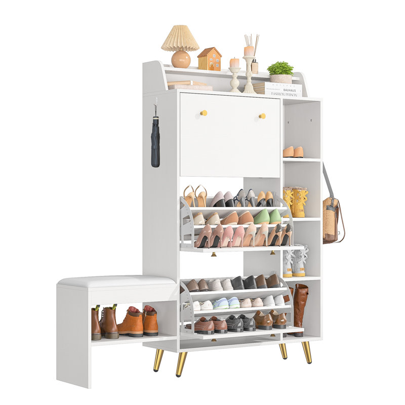 57" Modern Narrow Hidden Shoe Storage Cabinet Organizer With Bench For Entryway With 3 Flip Drawer, White