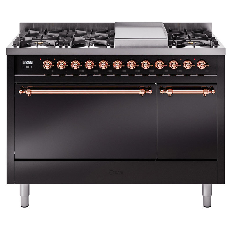 ILVE Nostalgie II, cuisinière à double combustible de 48 po, 8 brûleurs, plaque chauffante, Gaz naturel, Noir lustré / cuivre