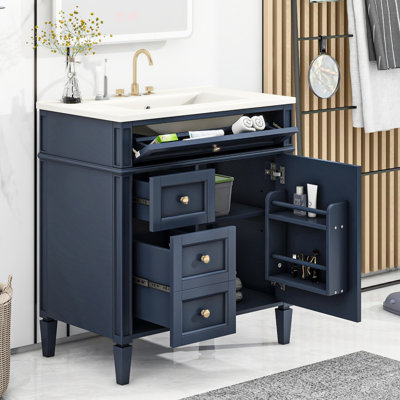Meuble-lavabo avec lavabo de 76 cm, armoire bleue moderne à 2 tiroirs et rangement polyvalent. Un véritable coup de foudre !
