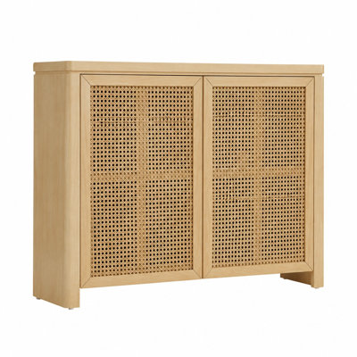 39.4" Mid-Century Modern Rattan Sideboard Buffet Cabinet with 2 Rear Cable Outlet Holes, Walnut Coffee Bar & Wine Cabinet, Storage Credenza for Living Room, Entryway, Kitchen & Dining Room
