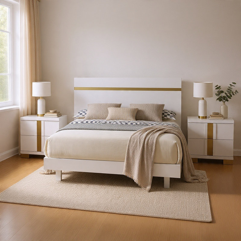Ensemble de chambre pour grand lit, blanc, bois doré, ensemble de 3 pièces avec 2 tables de chevet, White/Gold