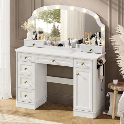 Farmhouse Makeup Vanity Desk With Mirror And Lights, 47'' Vanity Table With 8 Storage Drawers 1 Cabinet & 2 Organizer Trays, Large Dressing Table With Charging For Bedroom Classic White