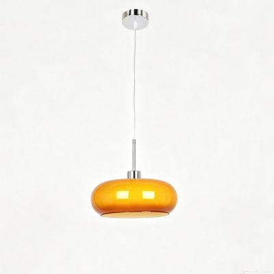 Mid-Century Modern Glass Pendant Light, Amber-Orange Saucer Shade Adjustable Chrome Hanging Light Fixture for Kitchen Island, Dining Room & Bar Counter