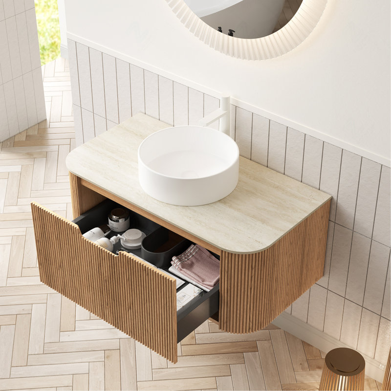 Meuble-lavabo 36 po, meuble-lavabo rayé à bord arrondi en contreplaqué avec tiroir, vasque en céramique ronde blanche et plateau en pierre frittée à motif de travertin, grain de bois naturel pré-assemblé