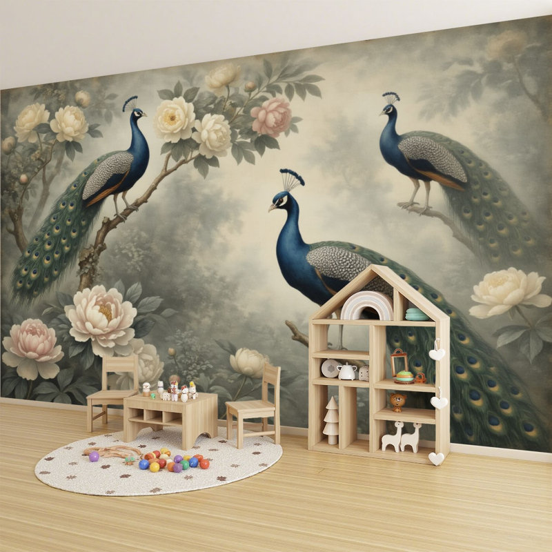 Papier peint auto-adhésif Peacock Peacocks Blooming Floral Garden, 144" L x 100" W