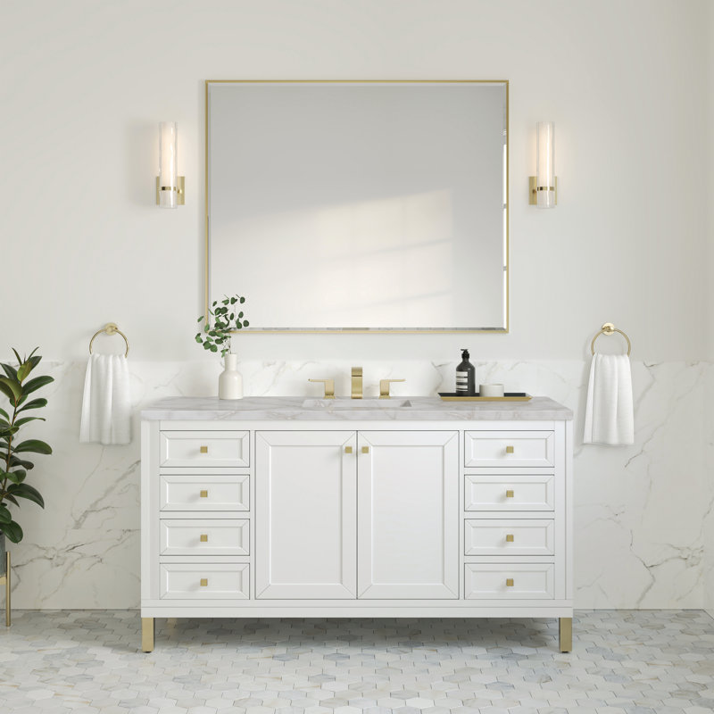 Meuble-lavabo simple 60 po avec chargeur sans fil Freepower Chicago, Blanc lustré, Argent victorien