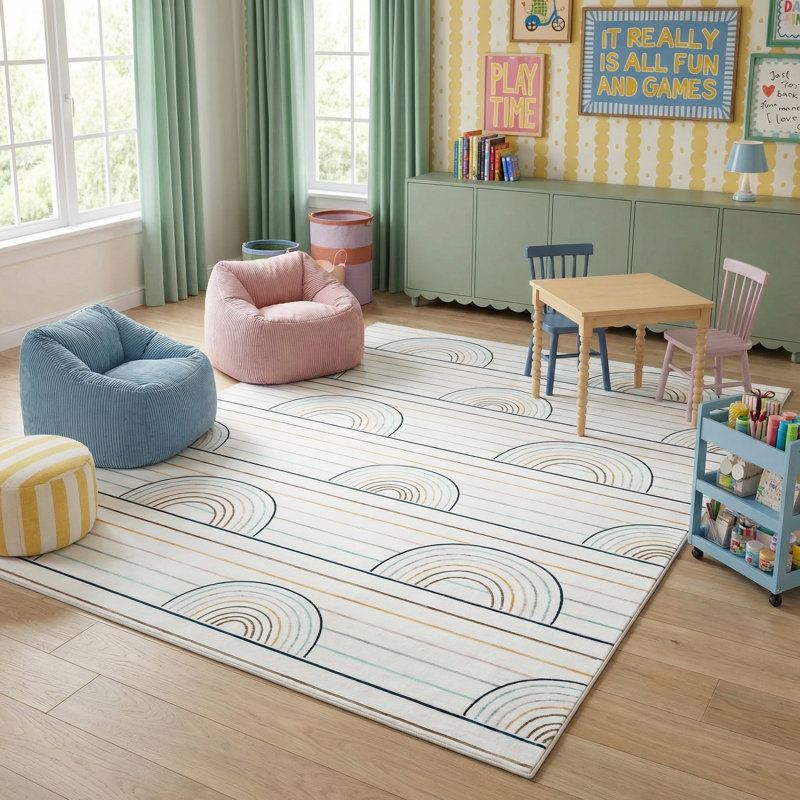 Tapis arc-en-ciel bleu / rose pour enfant 7 pi x 10 pi (6 pi 7 po x 9 pi 6 po) Branch, Rectangle 6 pi 7 po x 9 pi 6 po
