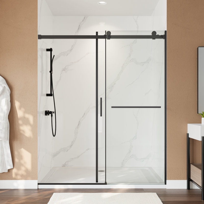 Porte de douche coulissante simple sans cadre de 56 à 60 po x H 72 po avec verre trempé transparent, Noir mat