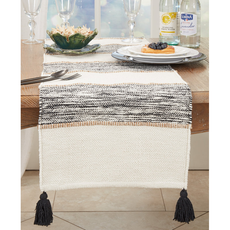 Textured Striped Tassel Table Runner, Black/White