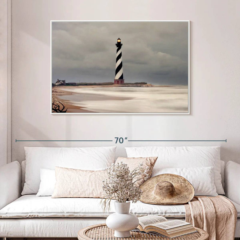 Phare orageux du cap Hatteras, 46 po x 31 po, Cadre flottant blanc