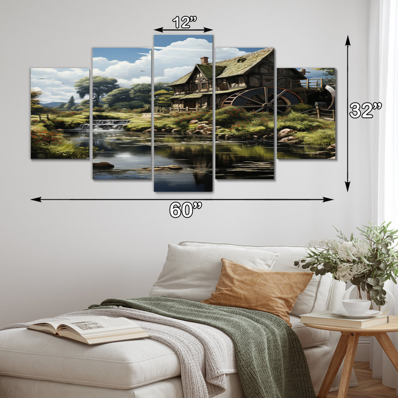 «Green Brown Mills Summer Mill Serenity», reproduction d'art sur toile - 5 panneaux