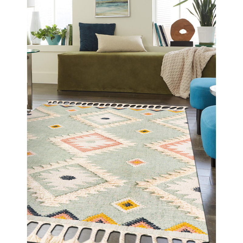 Tapis bleu en laine tissé à la main Shriver Southwestern, Rectangle 2 pi x 3 pi 1 po