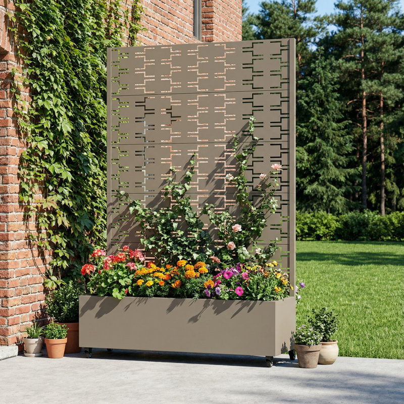 Boîte à fleurs en métal galvanisé avec treillis Forson, H 72 po x l 47 po x P 16 po, Vert olive