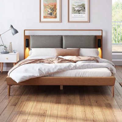 Brown&Gray Leather Bed with 2pcs Night Lights