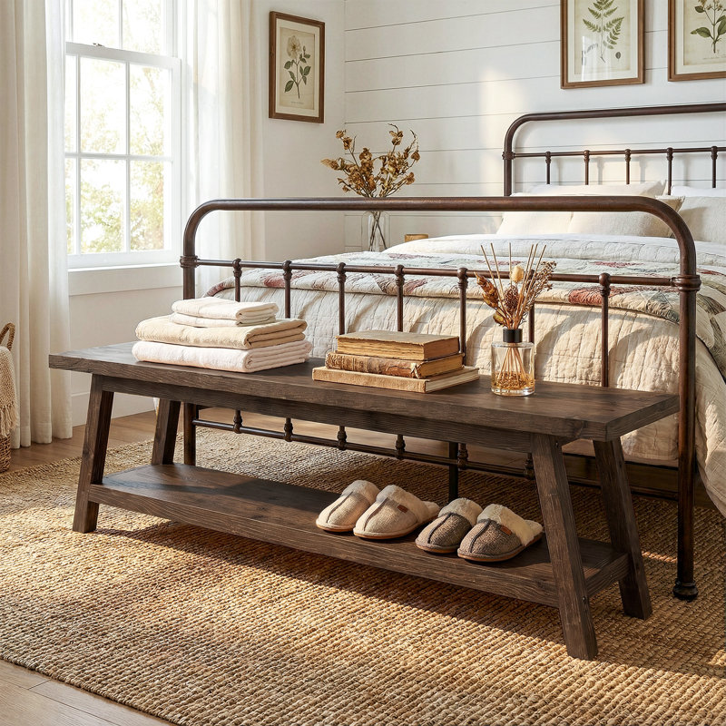 Solid Wood 63" Storage Bench For End Of Bed, Rustic Bedroom Bench With Shelf, Farmhouse Style, Dark Walnut