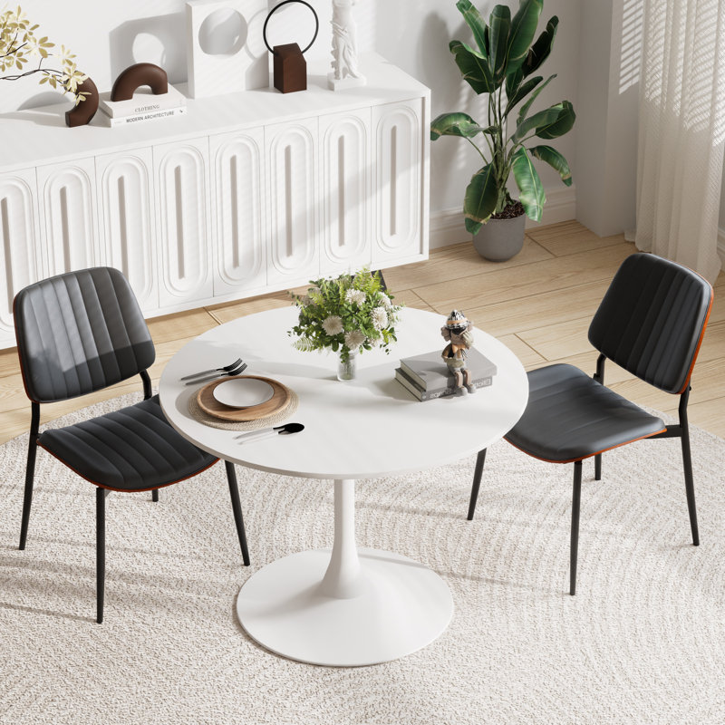 Modern Round 3 Piece Dining Room Table and Chairs Set, White, Black, White