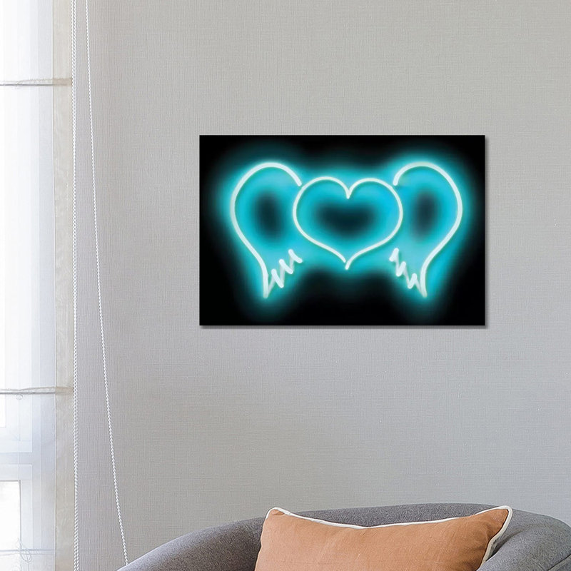 Neon Heart Wings Aqua On Black by Hailey Carr - Wrapped Canvas Print, 66.04 cm H x 45.72 cm W x 1.91 cm D, Black/Aqua