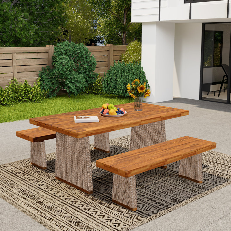 Outdoor 3 Piece Acacia Wood Dining Set with Handwoven Rattan Legs, Brown