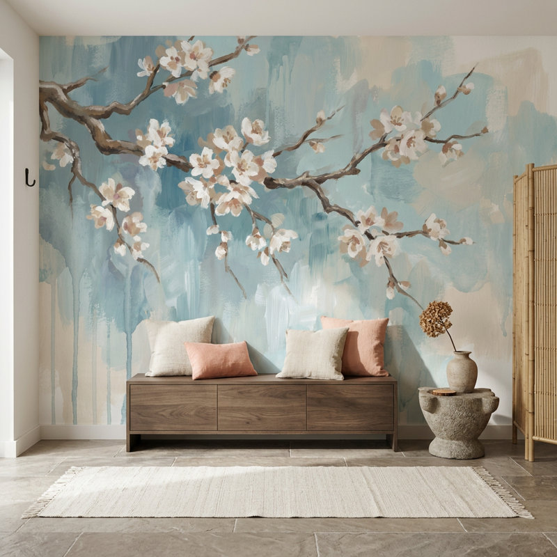 Décoration murale cerisier floral amovible, 140 po x 108 po, Texturé non collé