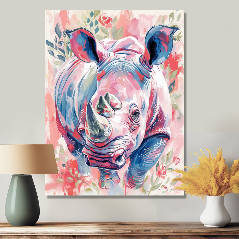 Décoration murale rose rhinocéros vert et merveilles II - Rhinocéros, Toile tendue, H 30 po x l 40 po