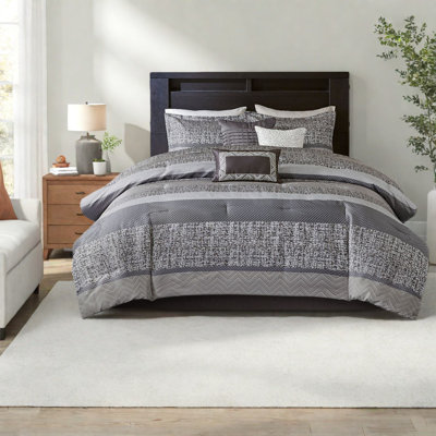 Ensemble de literie luxueuse en jacquard 7 pièces, gris polyester / taupe, très grand