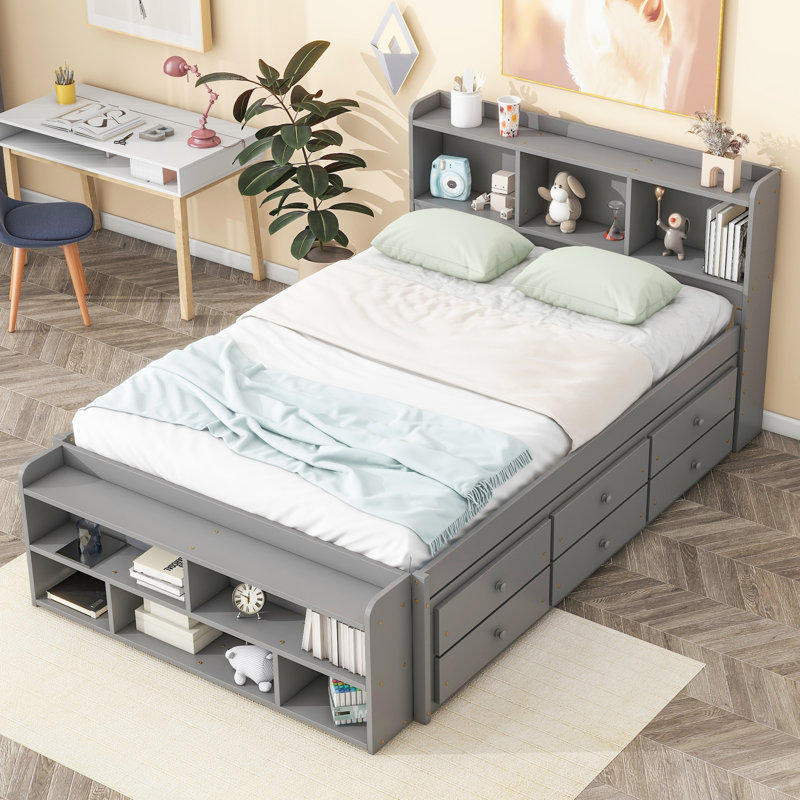Lit double avec tête de lit bibliothèque, tiroirs de rangement sous le lit et étui de rangement, Gris